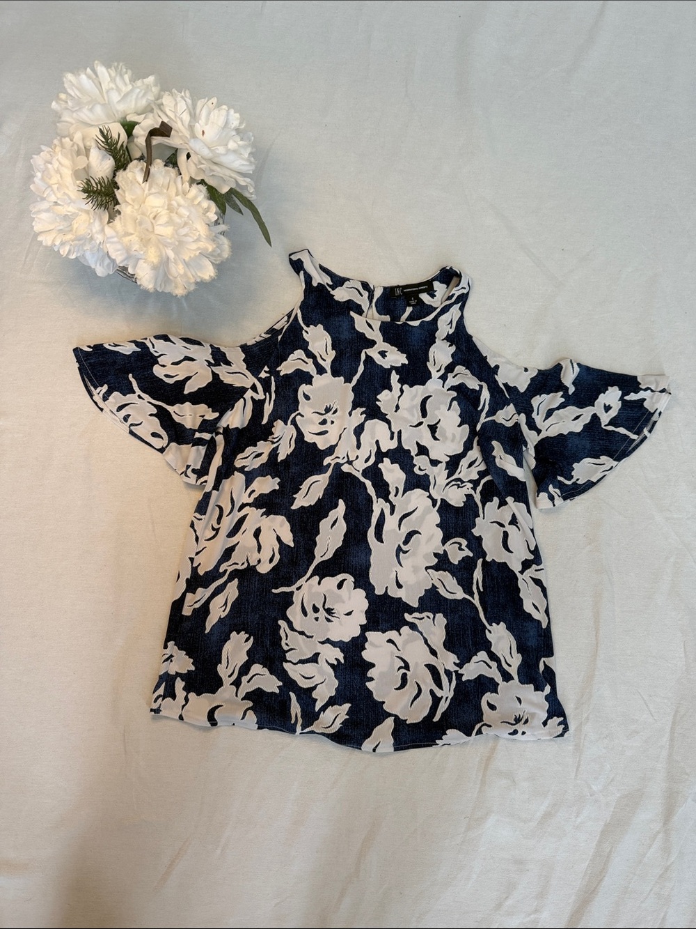 INC International Concepts Navy & White Floral Cold-Shoulder Blouse